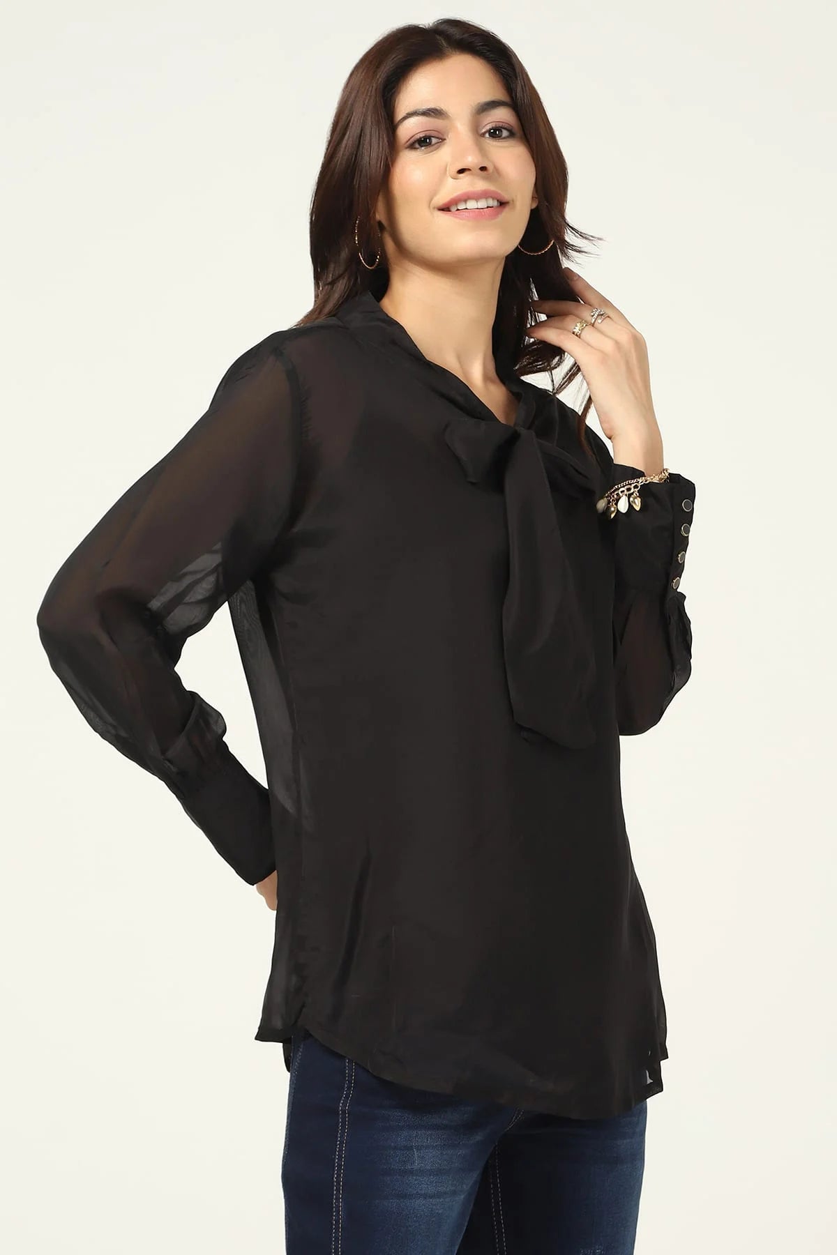 Black Organza Casual Top with String Tie
