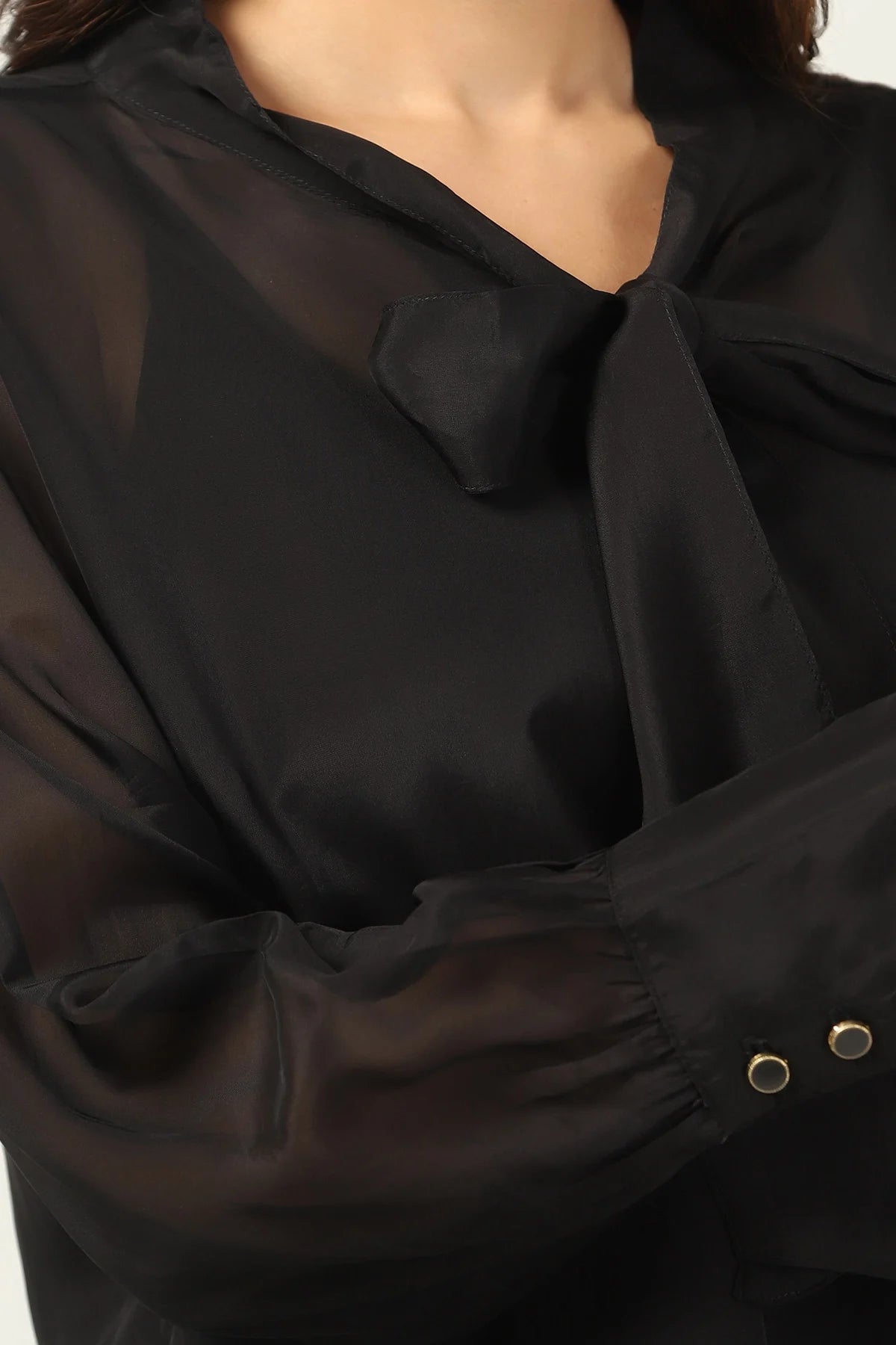 Black Organza Casual Top with String Tie