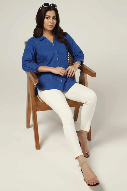 Blue Schiffli Collared Shirt