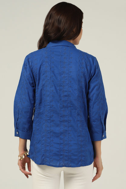 Blue Schiffli Collared Shirt