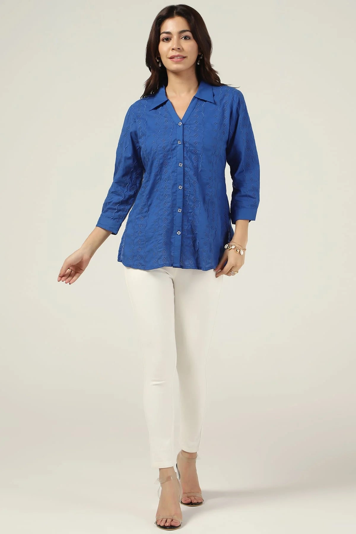Blue Schiffli Collared Shirt