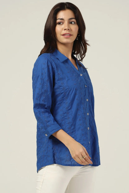 Blue Schiffli Collared Shirt