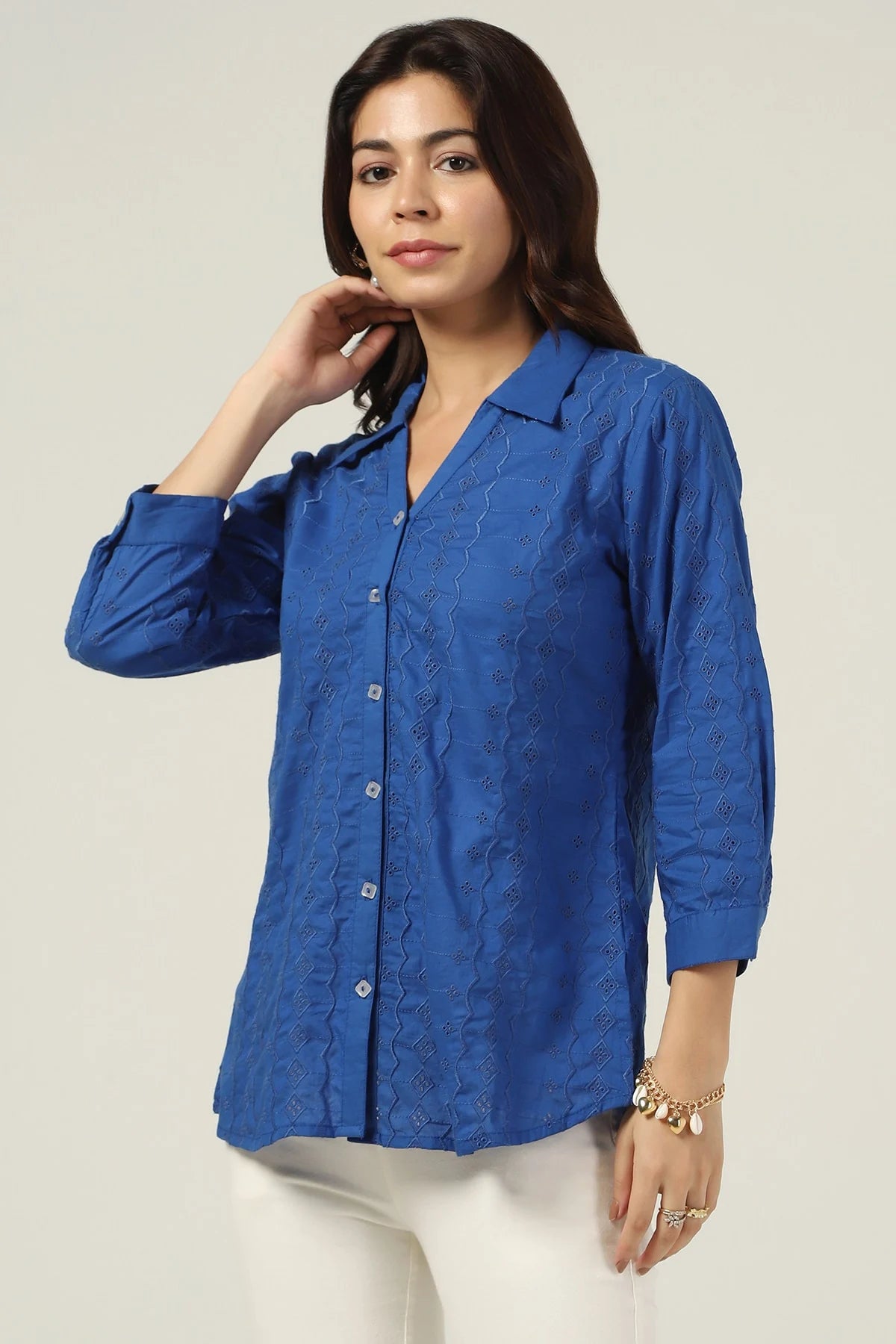 Blue Schiffli Collared Shirt