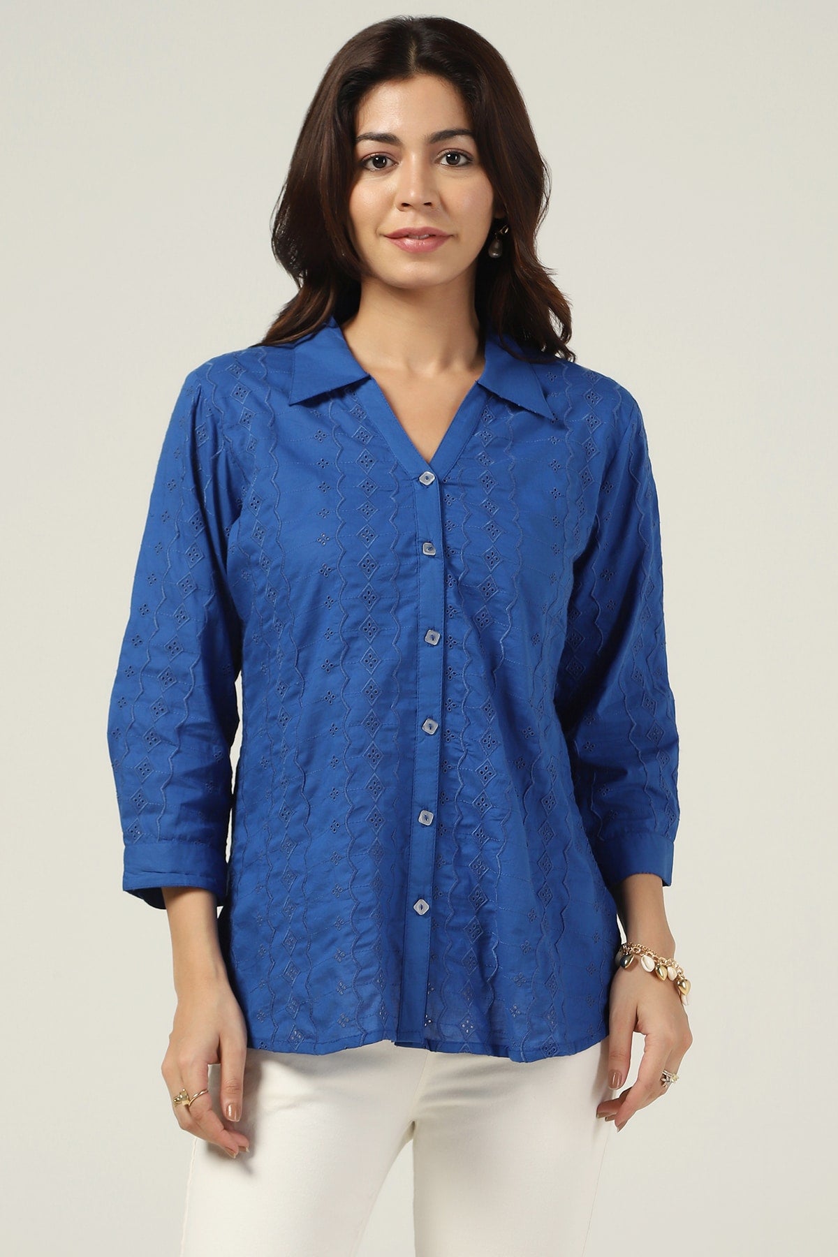 Blue Schiffli Collared Shirt