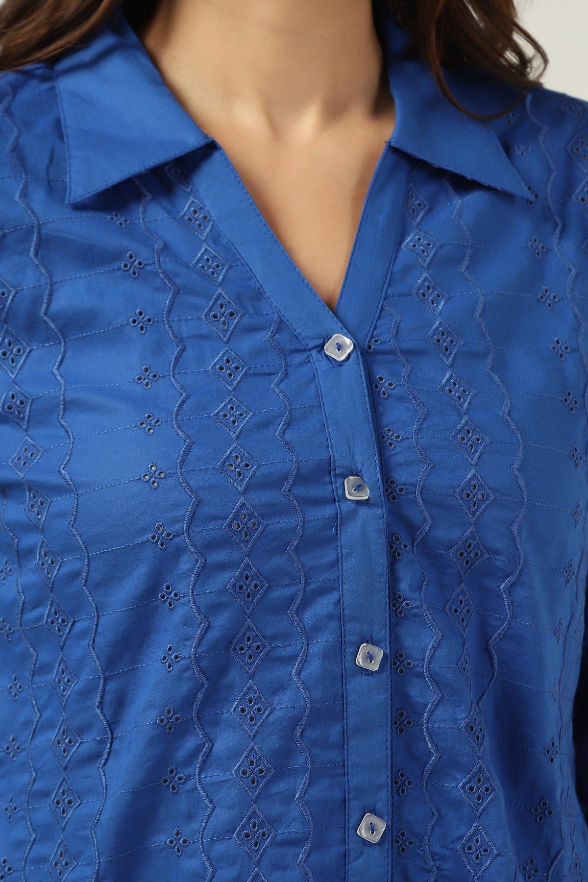 Blue Schiffli Collared Shirt