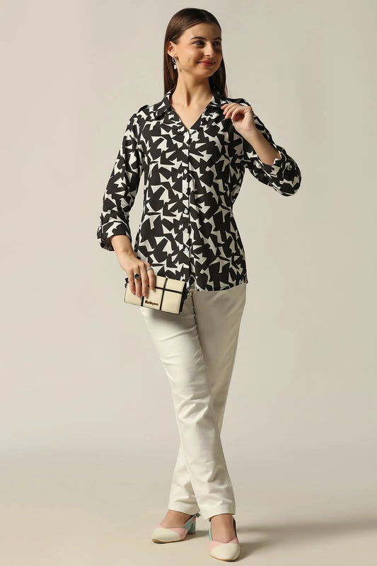 Black & White Printed Rayon Shirt with 3/4th Sleeves