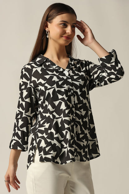 Black & White Printed Rayon Shirt with 3/4th Sleeves