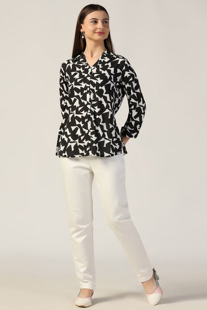Black & White Printed Rayon Shirt with 3/4th Sleeves