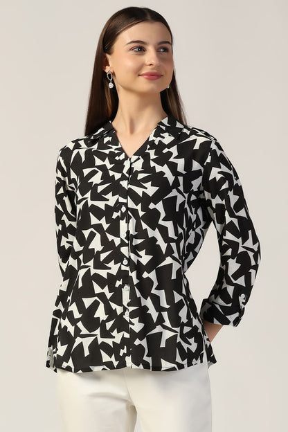 Black & White Printed Rayon Shirt with 3/4th Sleeves