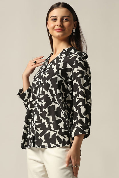 Black & White Printed Rayon Shirt with 3/4th Sleeves