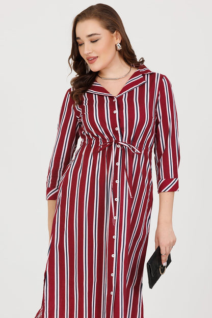 Maroon Striped Rayon Slub Dress with Lapel