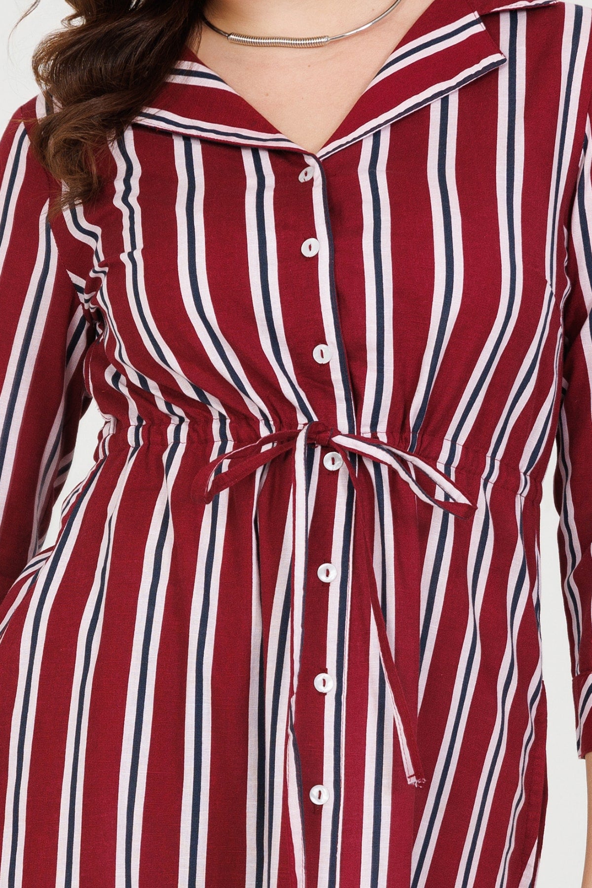 Maroon Striped Rayon Slub Dress with Lapel