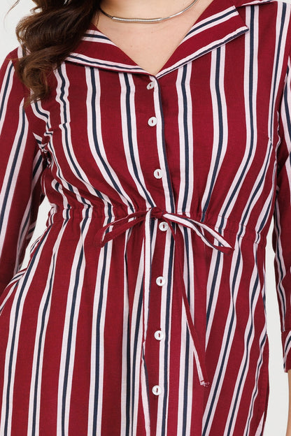 Maroon Striped Rayon Slub Dress with Lapel