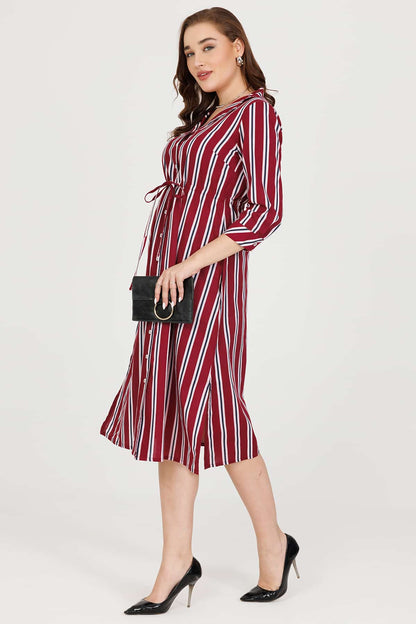 Maroon Striped Rayon Slub Dress with Lapel