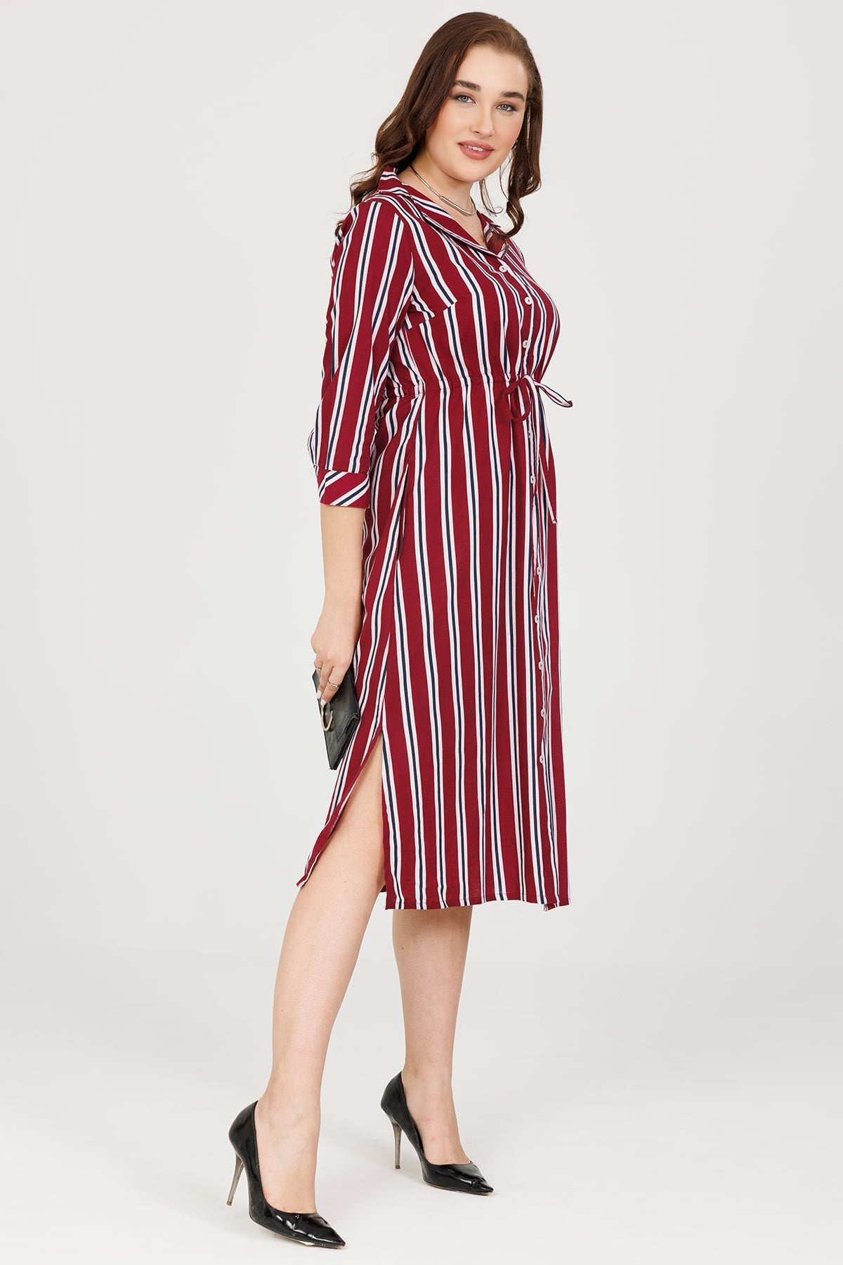 Maroon Striped Rayon Slub Dress with Lapel