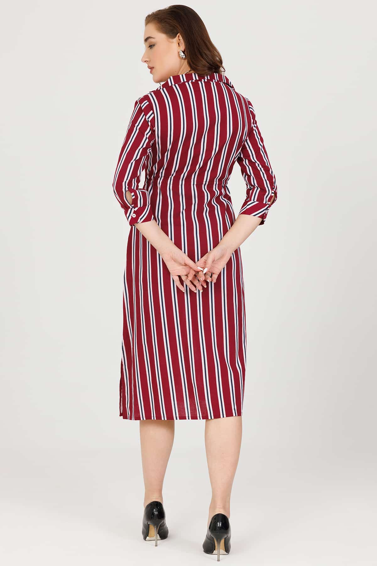 Maroon Striped Rayon Slub Dress with Lapel