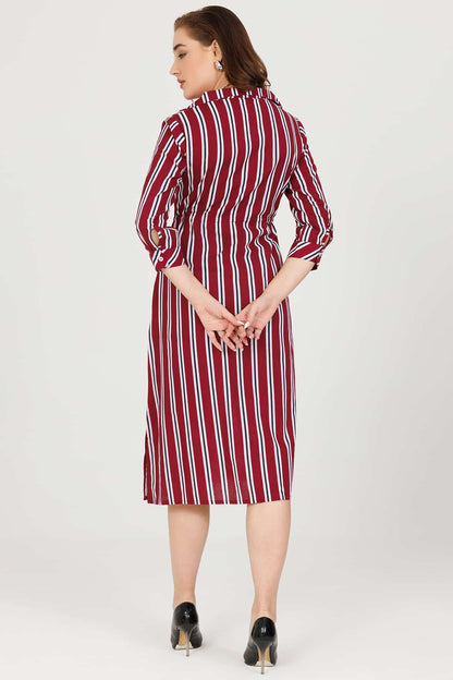 Maroon Striped Rayon Slub Dress with Lapel