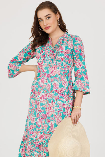 Blue Cotton Dobby Printed Dress