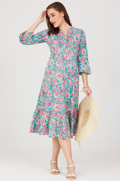 Blue Cotton Dobby Printed Dress