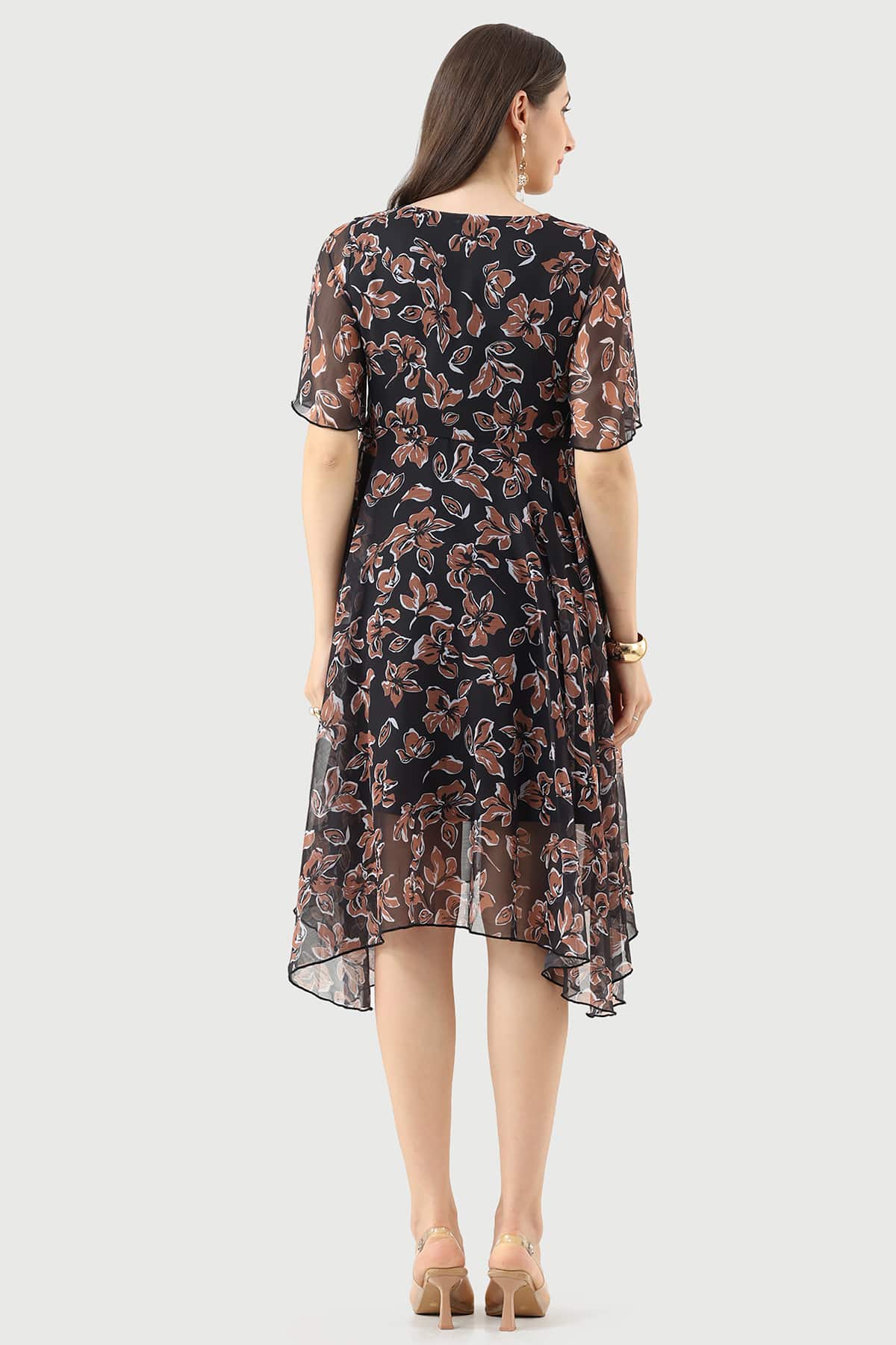 Black Chiffon Printed Dress with V-Neck