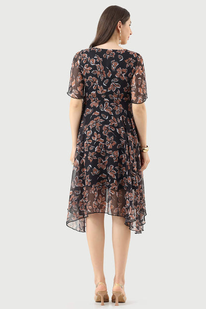Black Chiffon Printed Dress with V-Neck