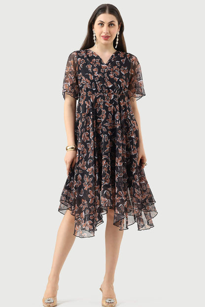 Black Chiffon Printed Dress with V-Neck