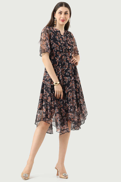 Black Chiffon Printed Dress with V-Neck