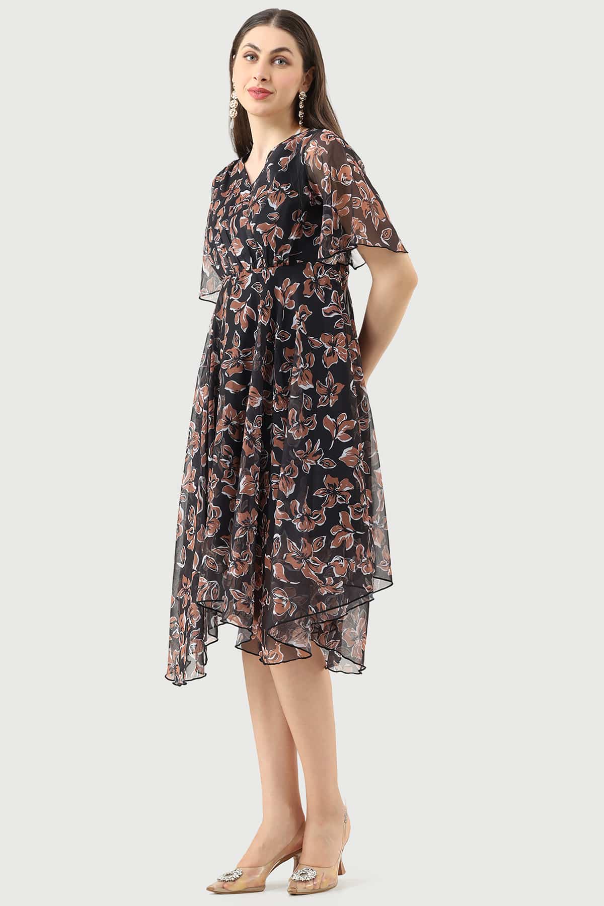 Black Chiffon Printed Dress with V-Neck