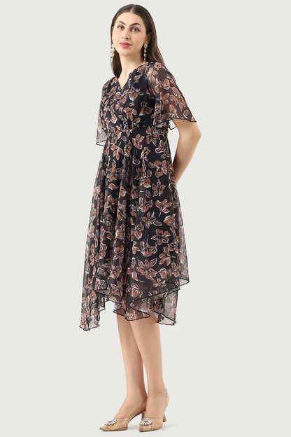 Black Chiffon Printed Dress with V-Neck
