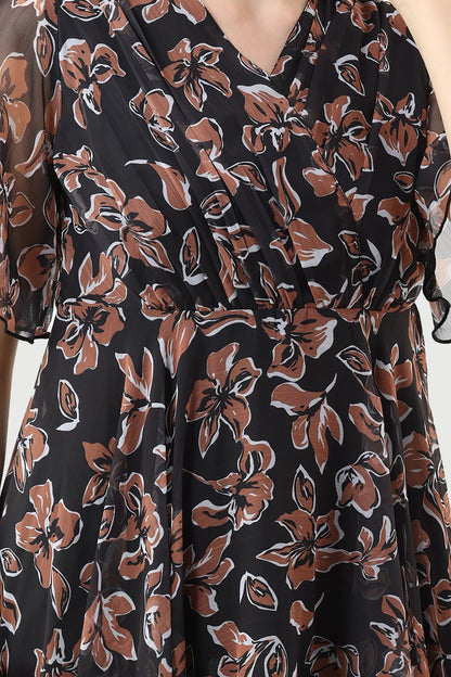 Black Chiffon Printed Dress with V-Neck