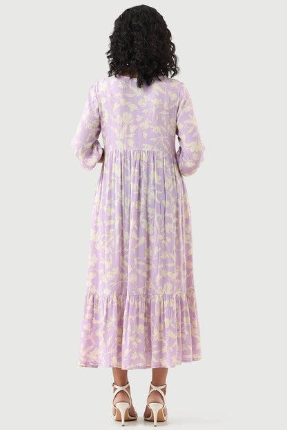 Lavender Printed Rayon Crepe Dress with V-Neck