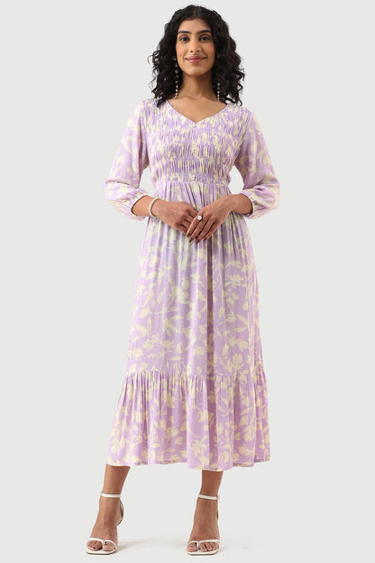 Lavender Printed Rayon Crepe Dress with V-Neck