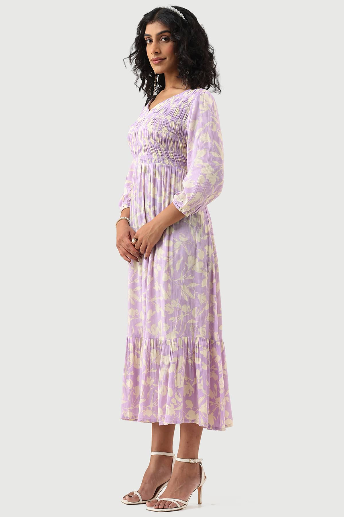 Lavender Printed Rayon Crepe Dress with V-Neck