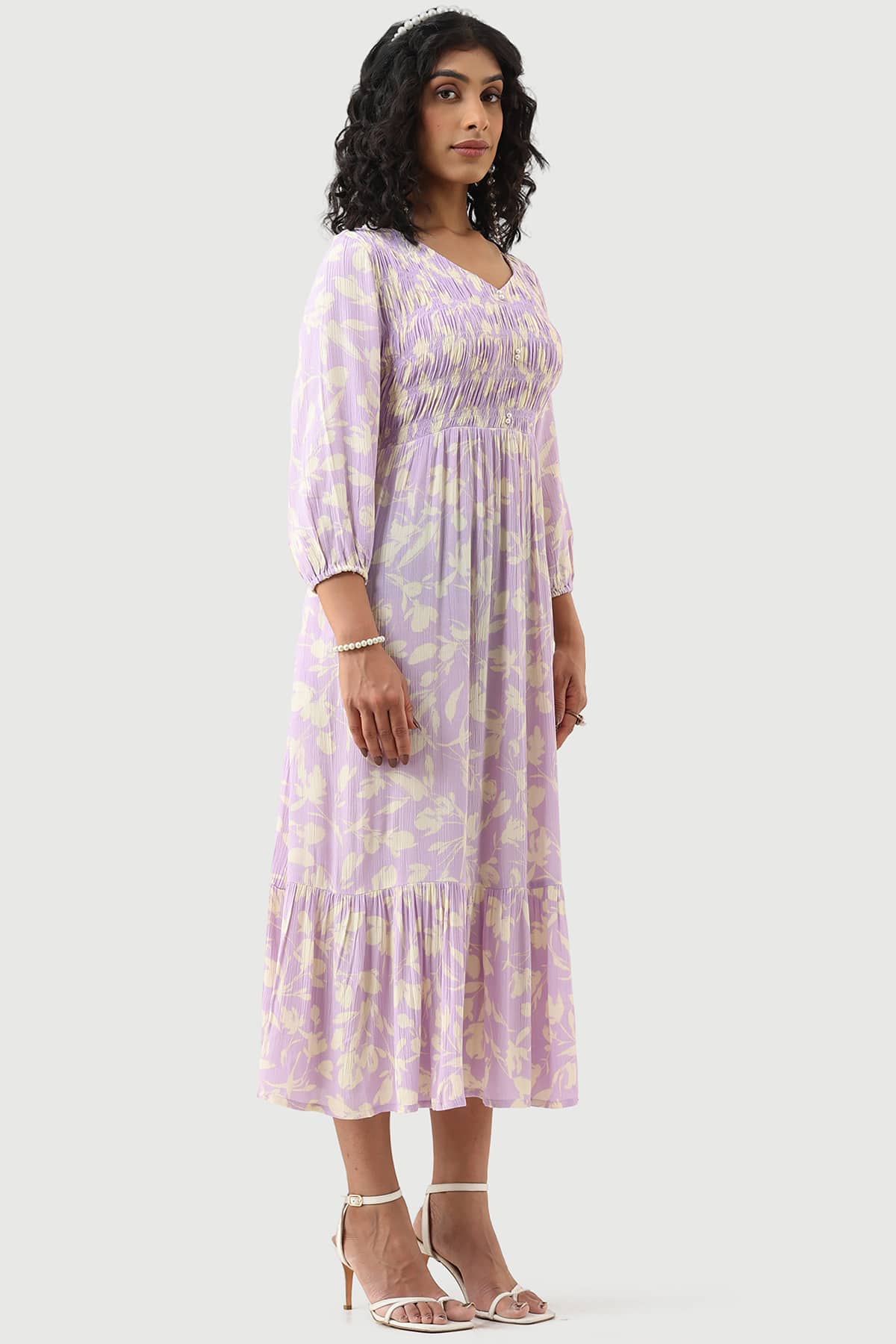 Lavender Printed Rayon Crepe Dress with V-Neck