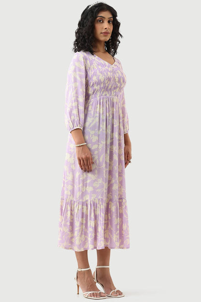 Lavender Printed Rayon Crepe Dress with V-Neck