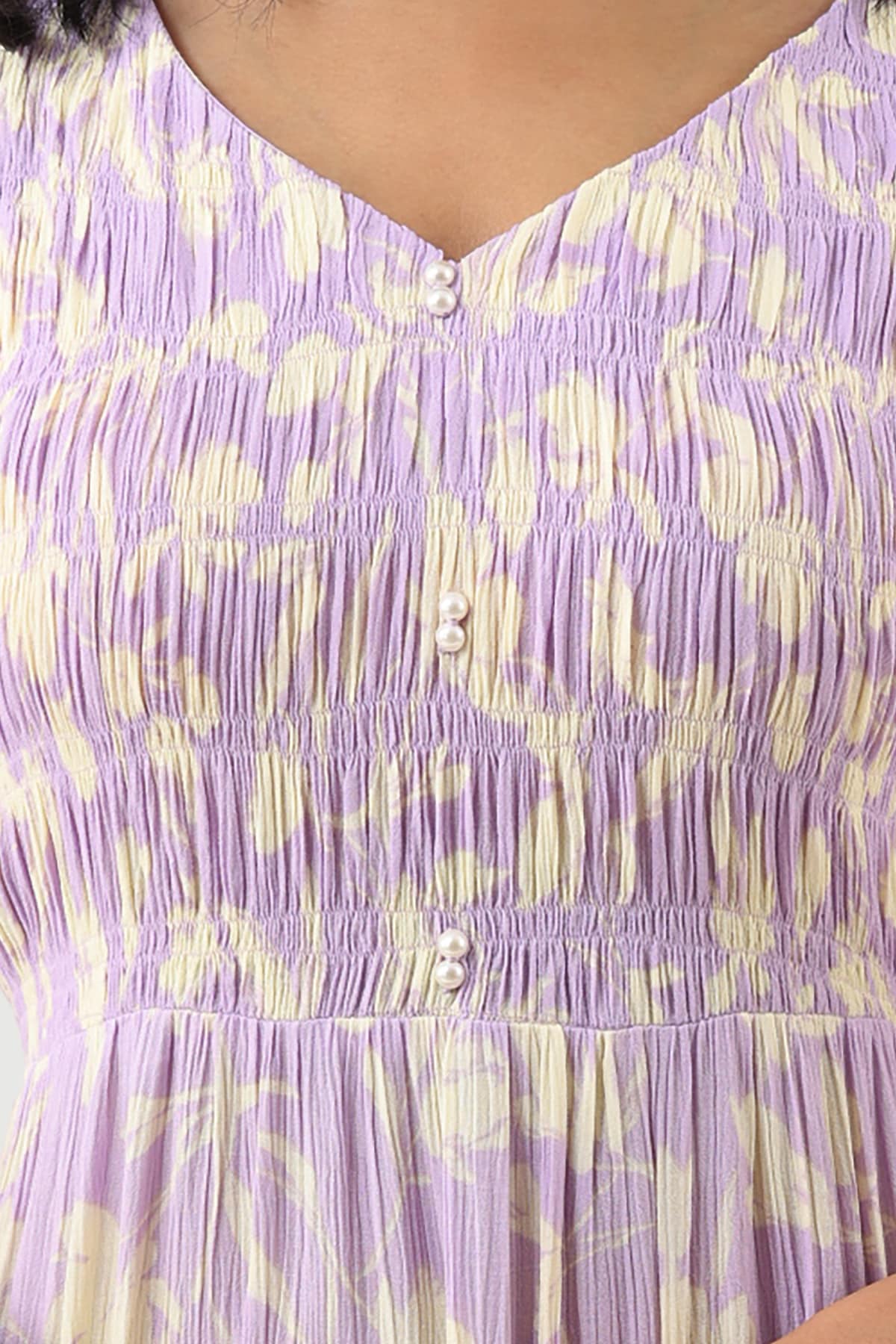 Lavender Printed Rayon Crepe Dress with V-Neck