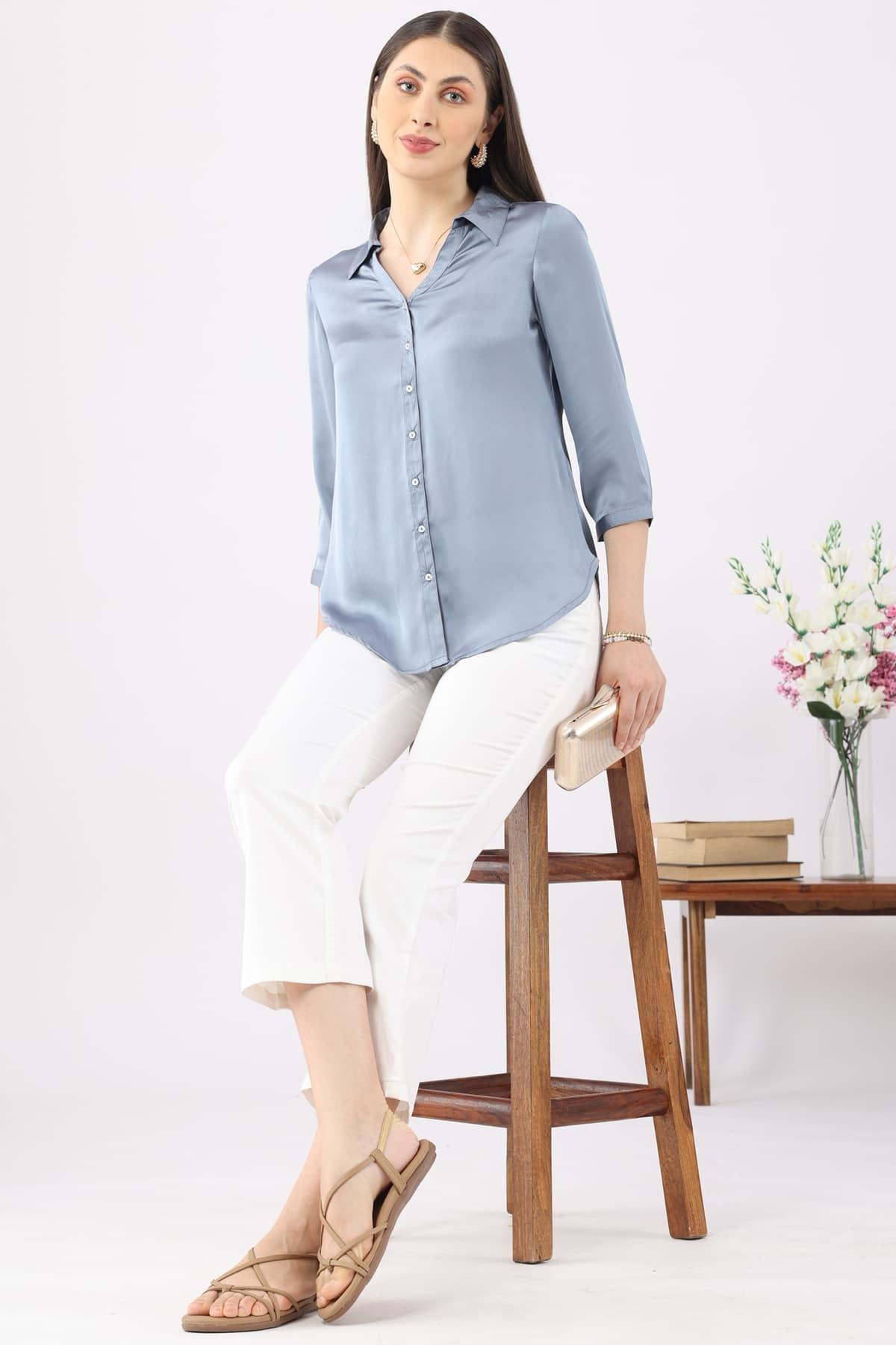 Grey Satin Collared Shirt