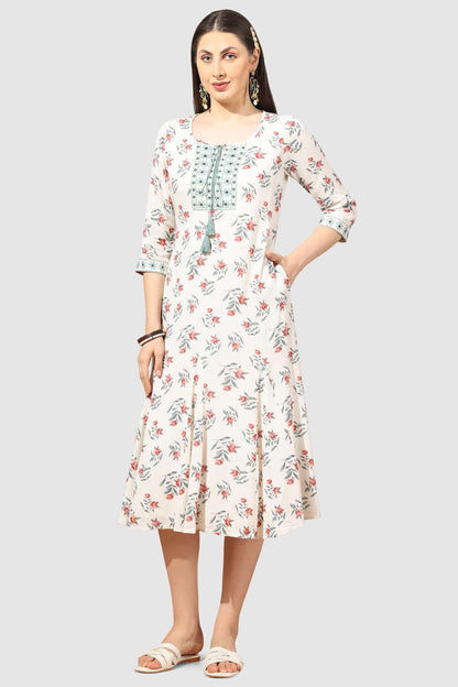 White Embroidered Rayon Crepe Dress with Round Neck
