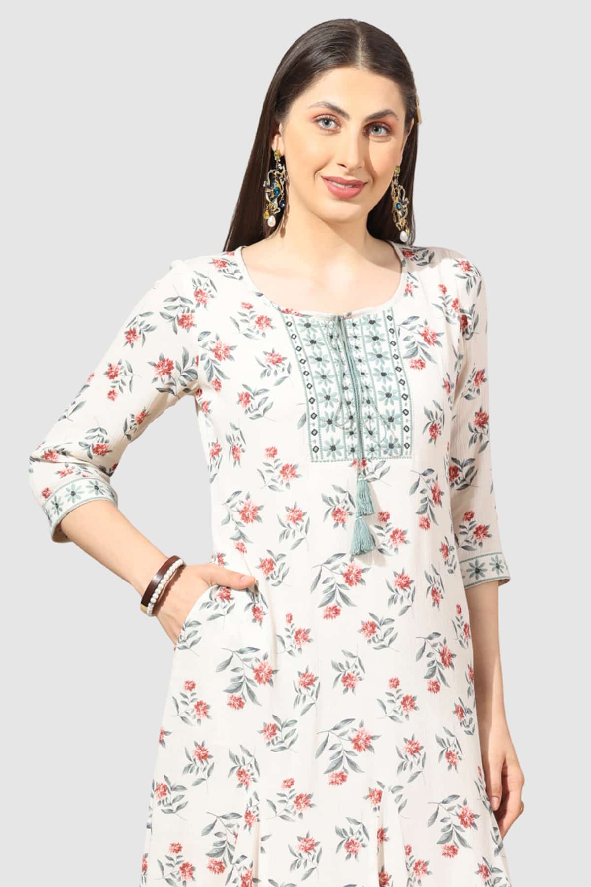 White Embroidered Rayon Crepe Dress with Round Neck