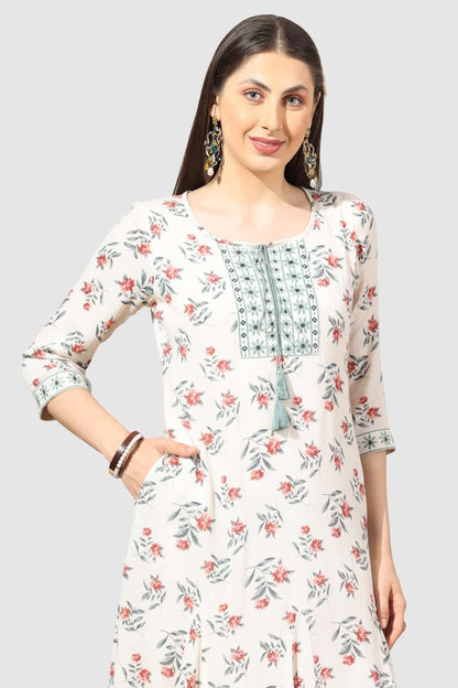 White Embroidered Rayon Crepe Dress with Round Neck