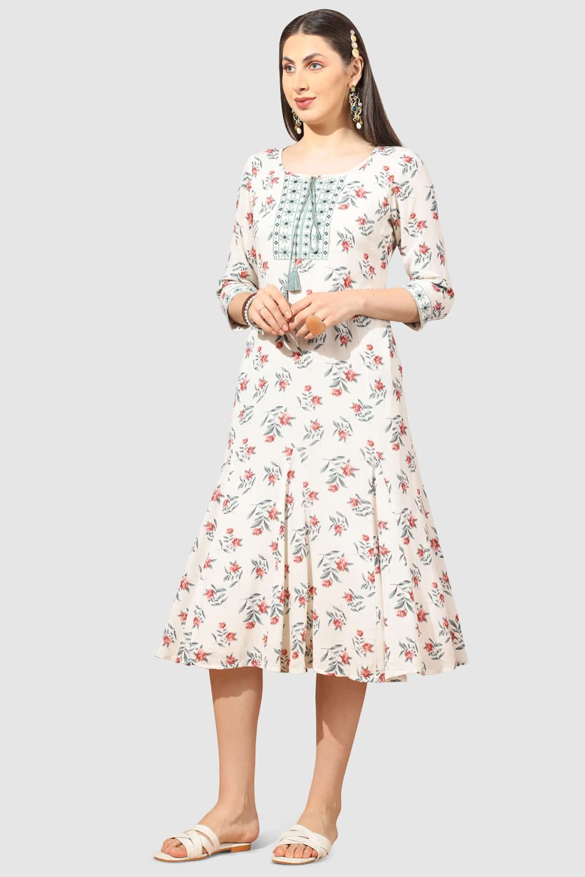 White Embroidered Rayon Crepe Dress with Round Neck