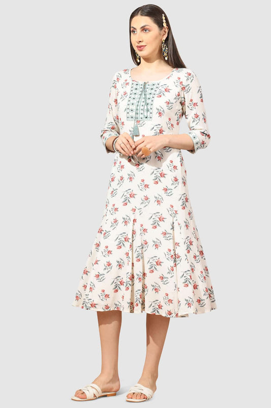 White Embroidered Rayon Crepe Dress with Round Neck