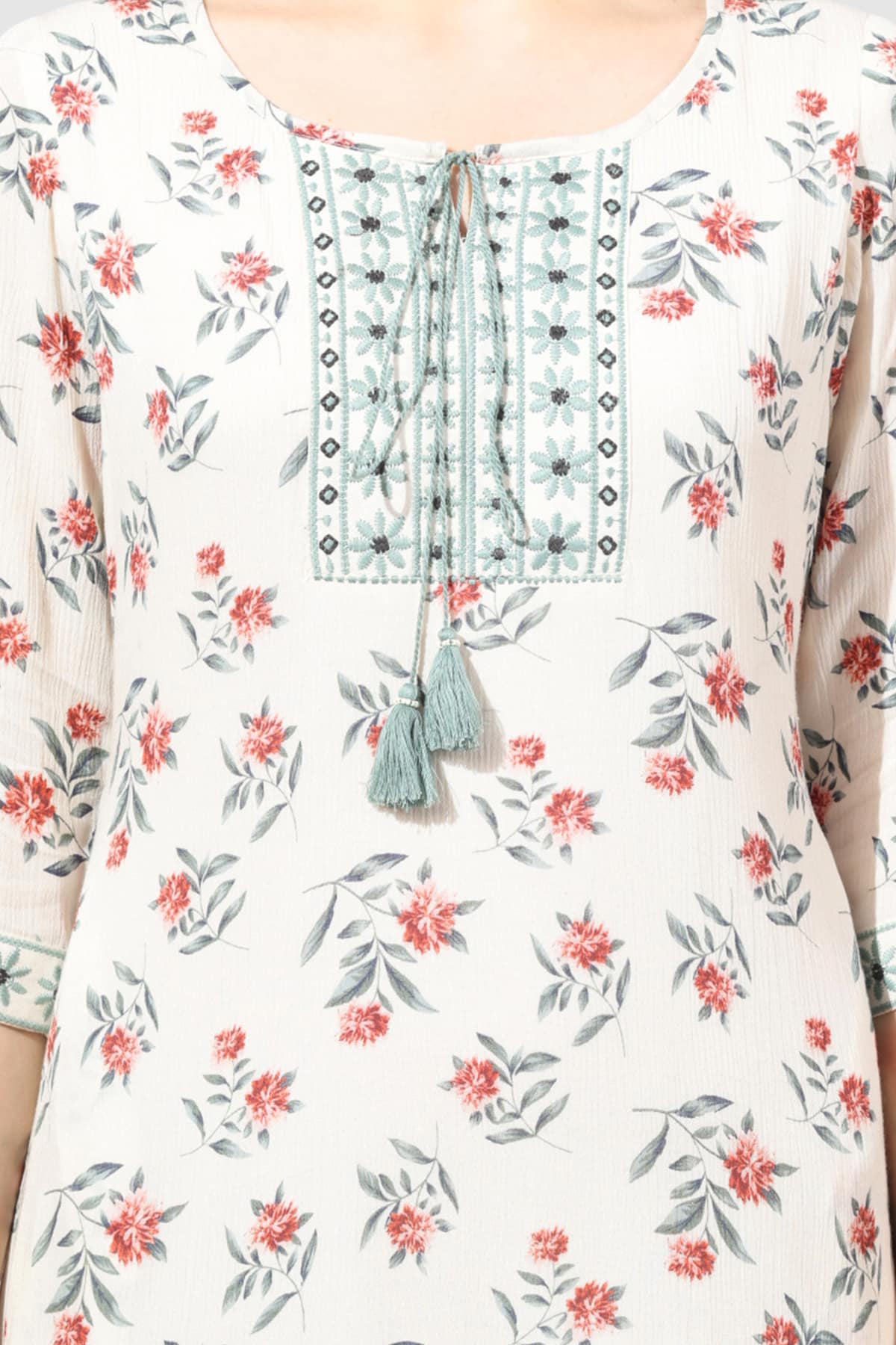 White Embroidered Rayon Crepe Dress with Round Neck