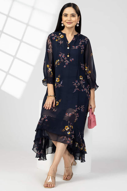 Navy Blue Georgette Printed Dress