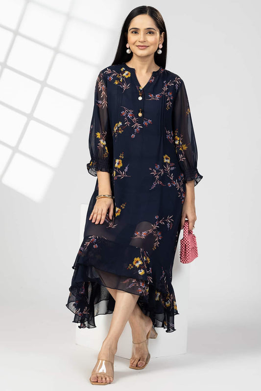 Navy Blue Georgette Printed Dress