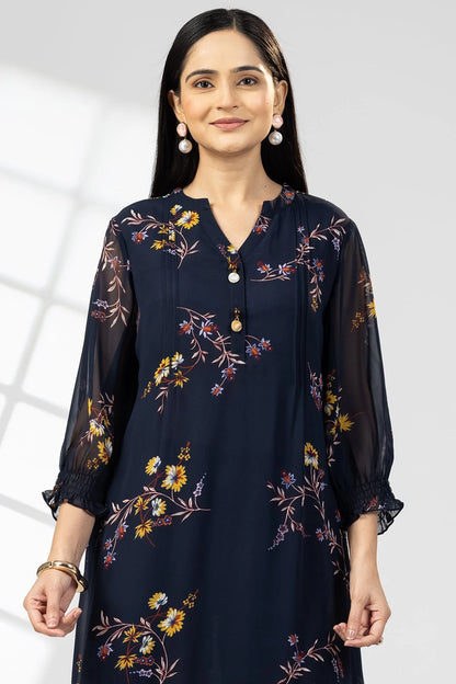 Navy Blue Georgette Printed Dress