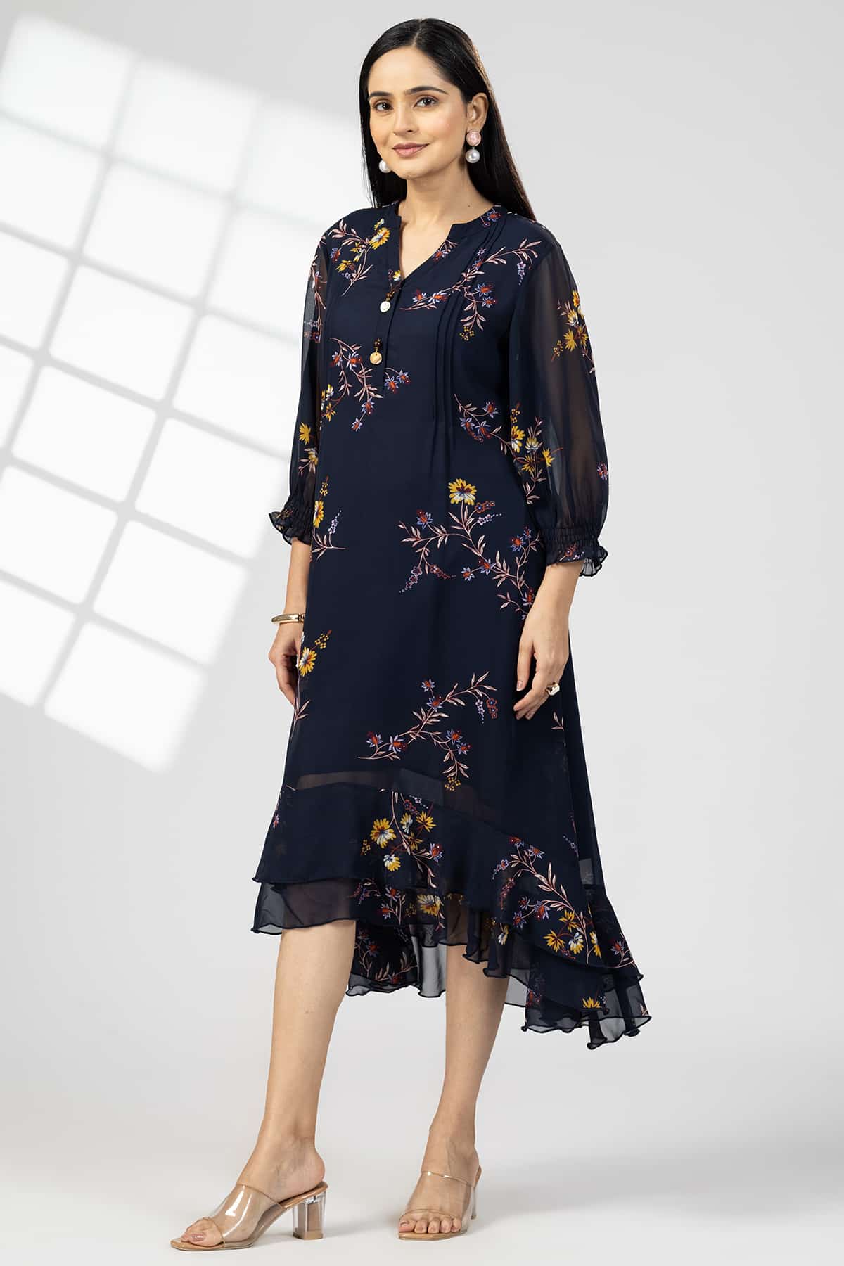 Navy Blue Georgette Printed Dress