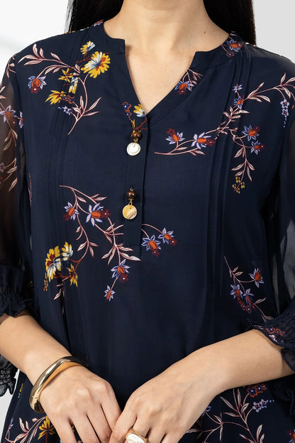 Navy Blue Georgette Printed Dress