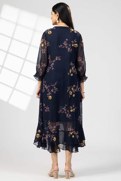Navy Blue Georgette Printed Dress