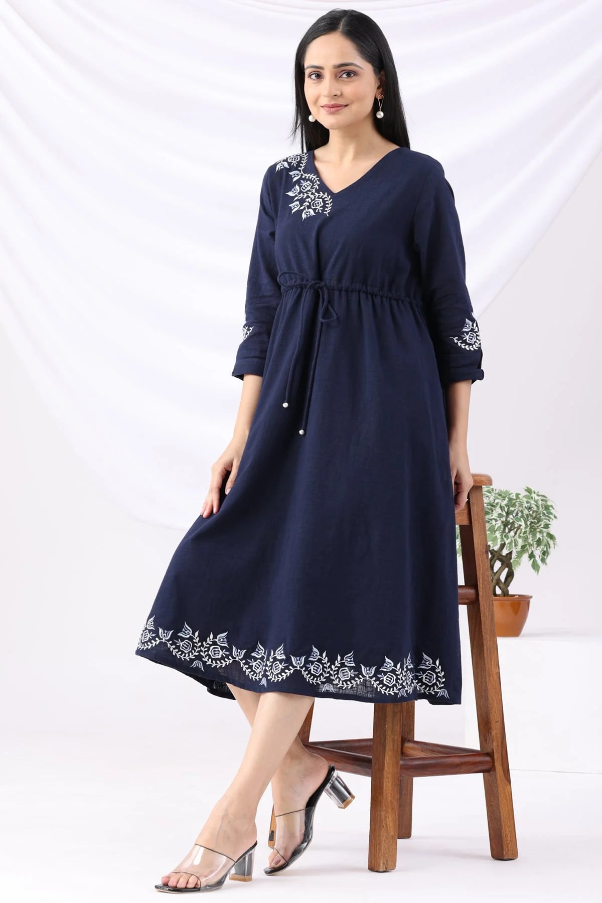 Navy Cotton Slub Embroidered V-Neck Dress